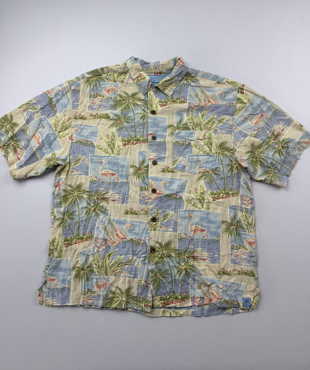 Bermuda Bay Silk Hawaiian Shirt Mens Large Flamingo Palm Trees Pocket Tropical